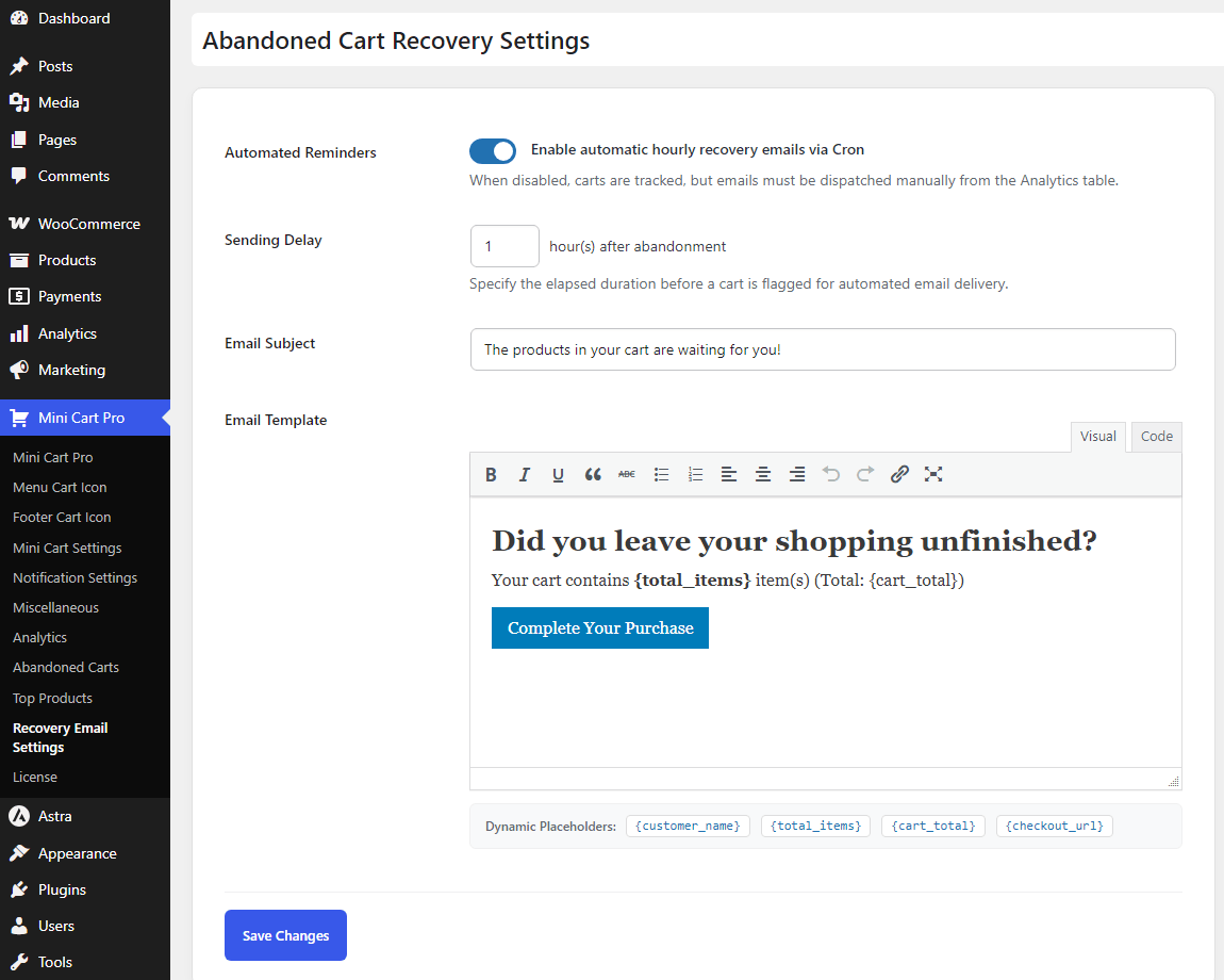 Recovery Email Automation Settings
